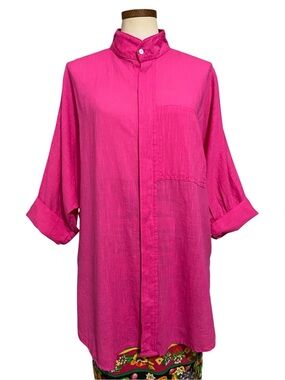 Dilemma Bright Pink Organic Cotton Button Front Big Shirt OSFA Lagenlook